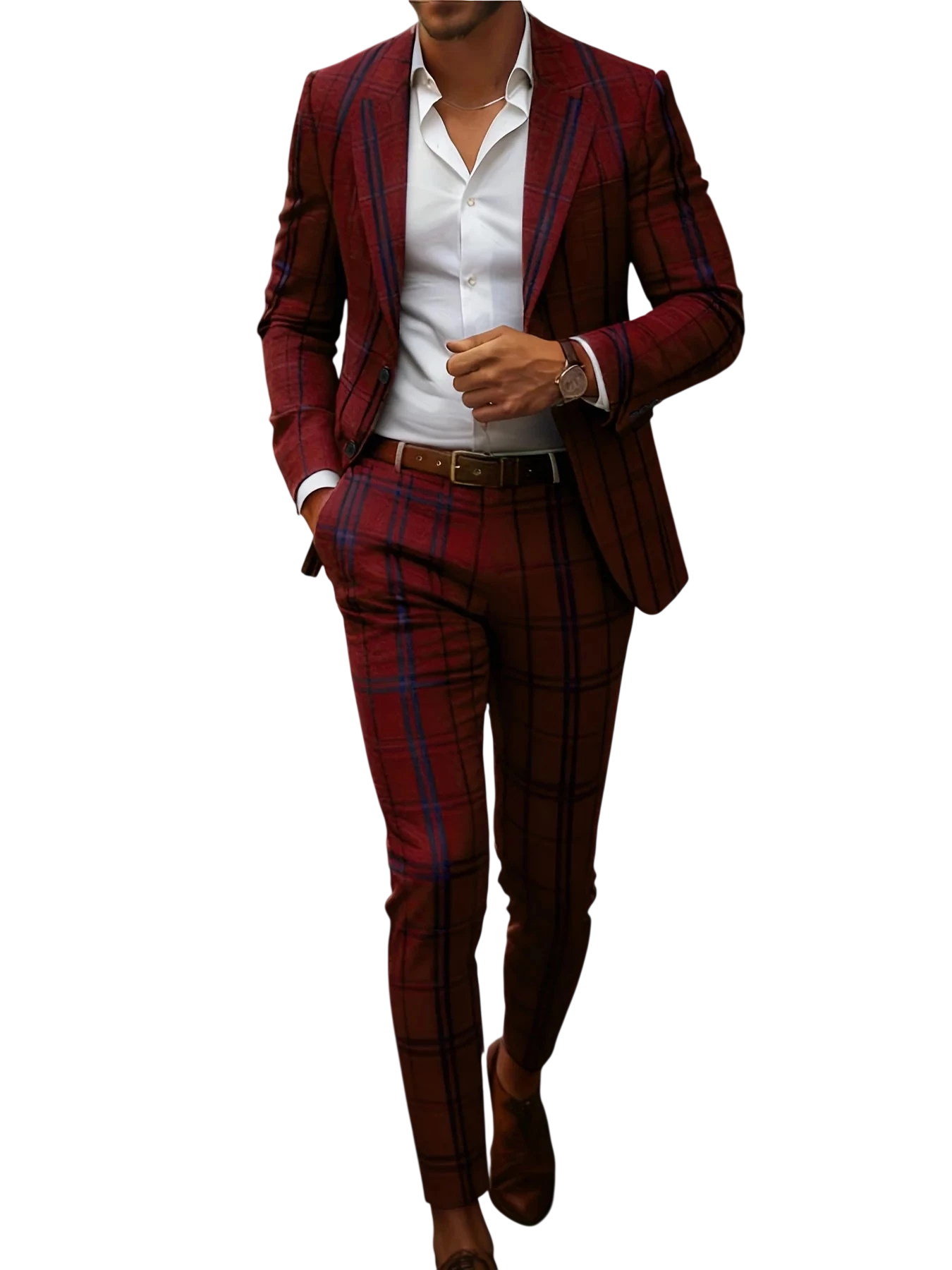 European American Style Mens Business Suit Set Two Piece Suit Trousers Retro Red Blue Color Block Plaid Print