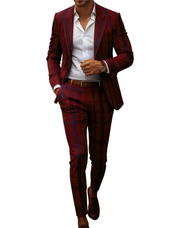 European & American Style Men's Business Suit Set Two-Piece Suit & Trousers Retro Red Blue Color-Block Plaid Print