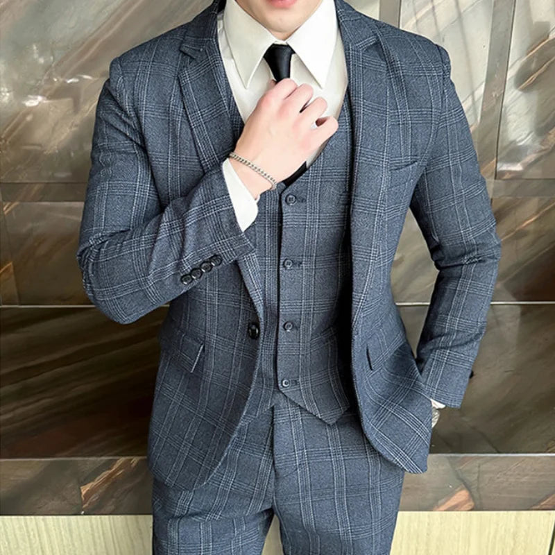 (Suit + Vest + Trousers) Quality Suit Suit Male Three-piece Korean Version of Fashion Handsome Slim Business Casual Wedding Suit
