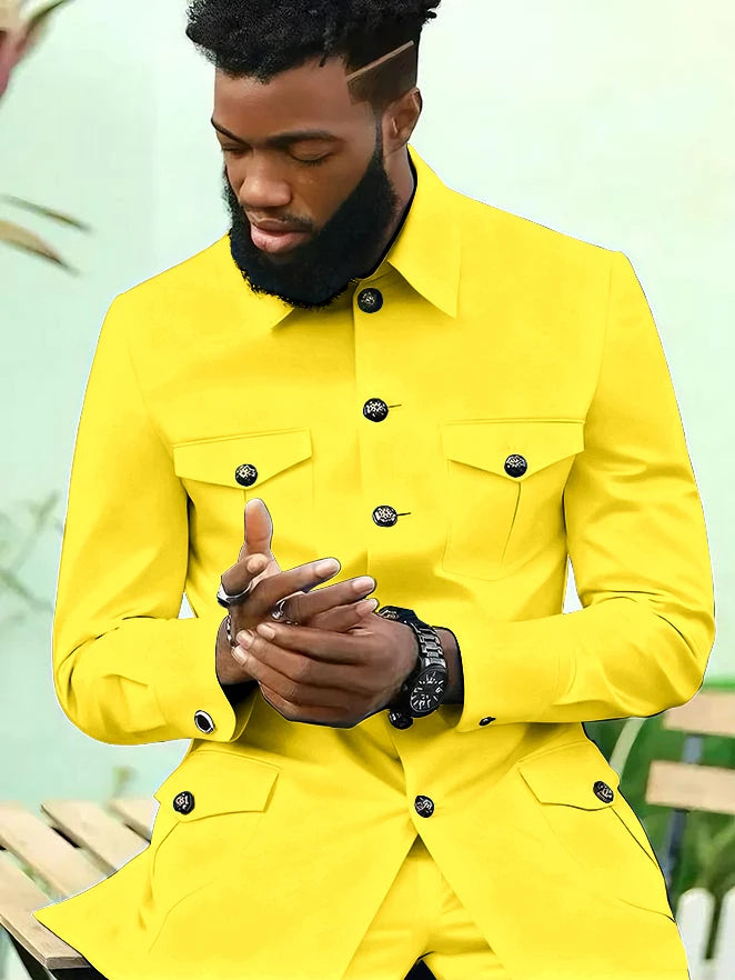 Suits for Men 2 Piece Fashion Stand Collar Single Breasted Suit Solid Color Wedding Tuxedo Business Casual Suit (Jacket+Pants)
