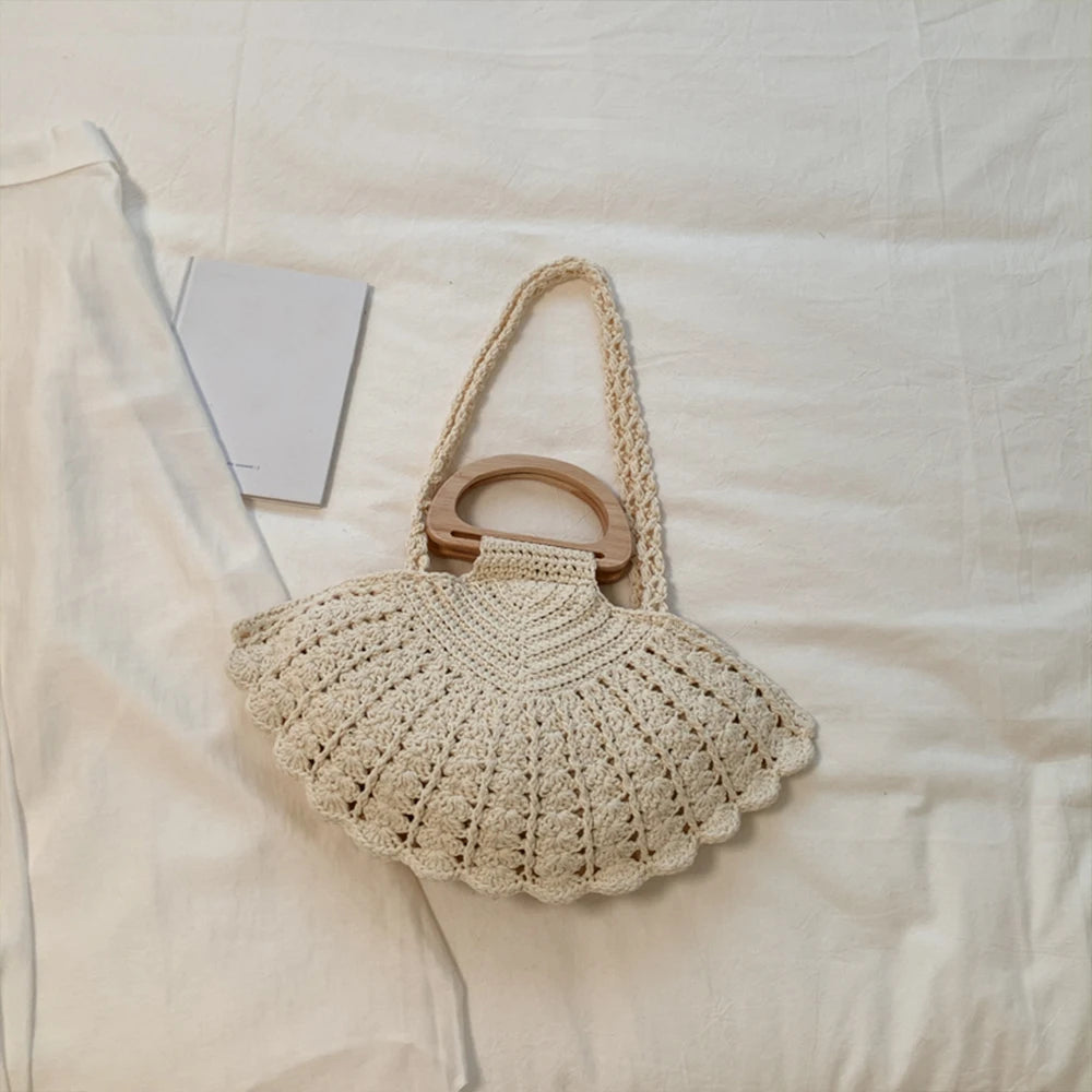 Handbag, Crochet Straw Tote Bag, Summer Beach Handbag with Wooden Handle, for Daily Use, Vacation, Casual Women