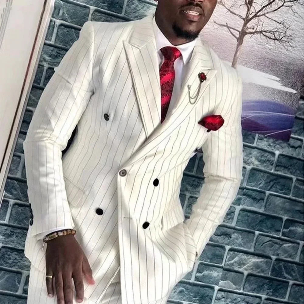 Striped Wedding Suits for Men Double Breasted Groom Tuxedo 2 Pieces Pinstripe Style Set Jacket with Pants Formal Customized Suit