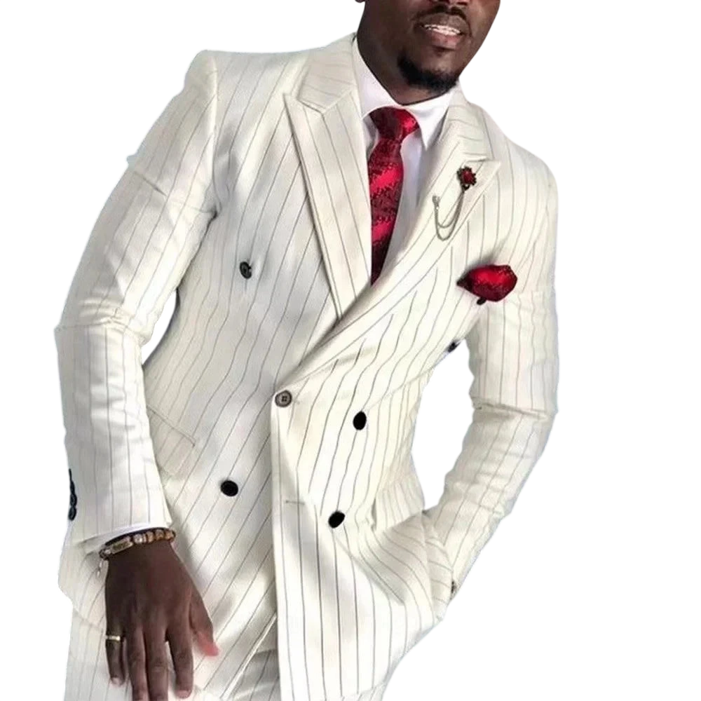 Striped Wedding Suits For Men Double Breasted Groom Tuxedo 2 Pieces Pinstripe Style Set Jacket With Pants Formal Customized Suit
