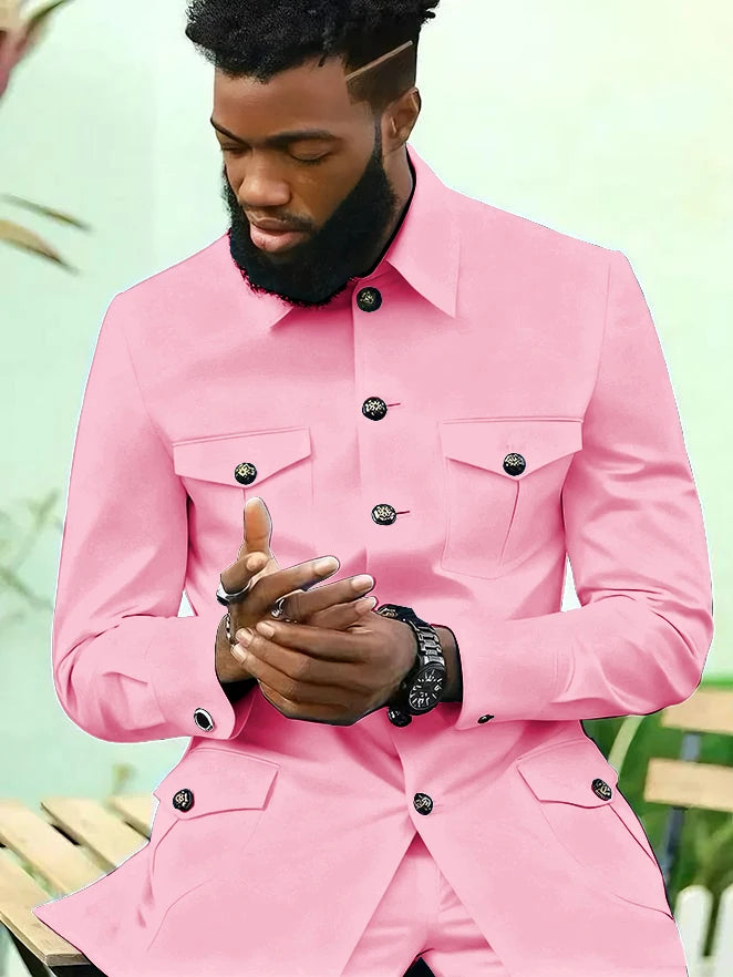 Suits for Men 2 Piece Fashion Stand Collar Single Breasted Suit Solid Color Wedding Tuxedo Business Casual Suit (Jacket+Pants)