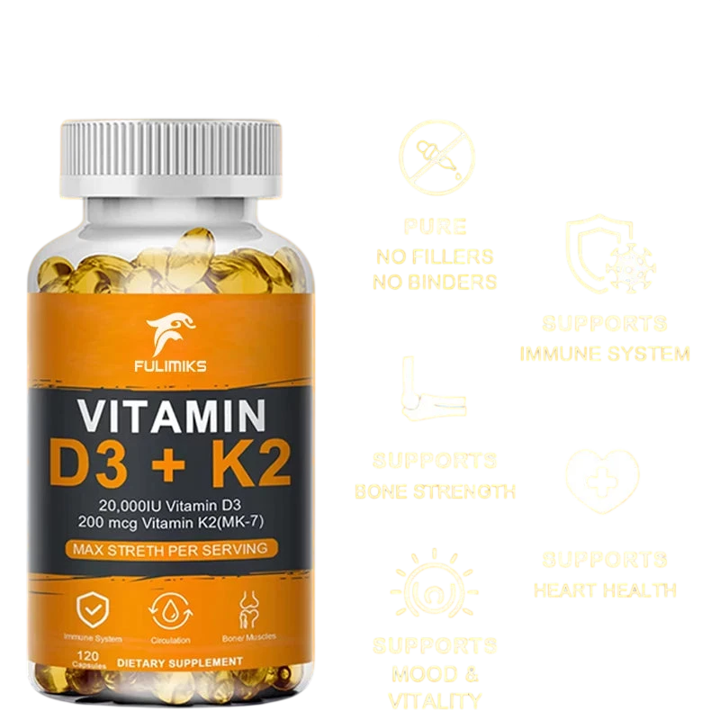 Vitamin D3 K2 Capsule 20 000 Iu Vitamin D3 Promotes Strong Bones Calcium Absorption Teeth Heart Cardiovascular Health