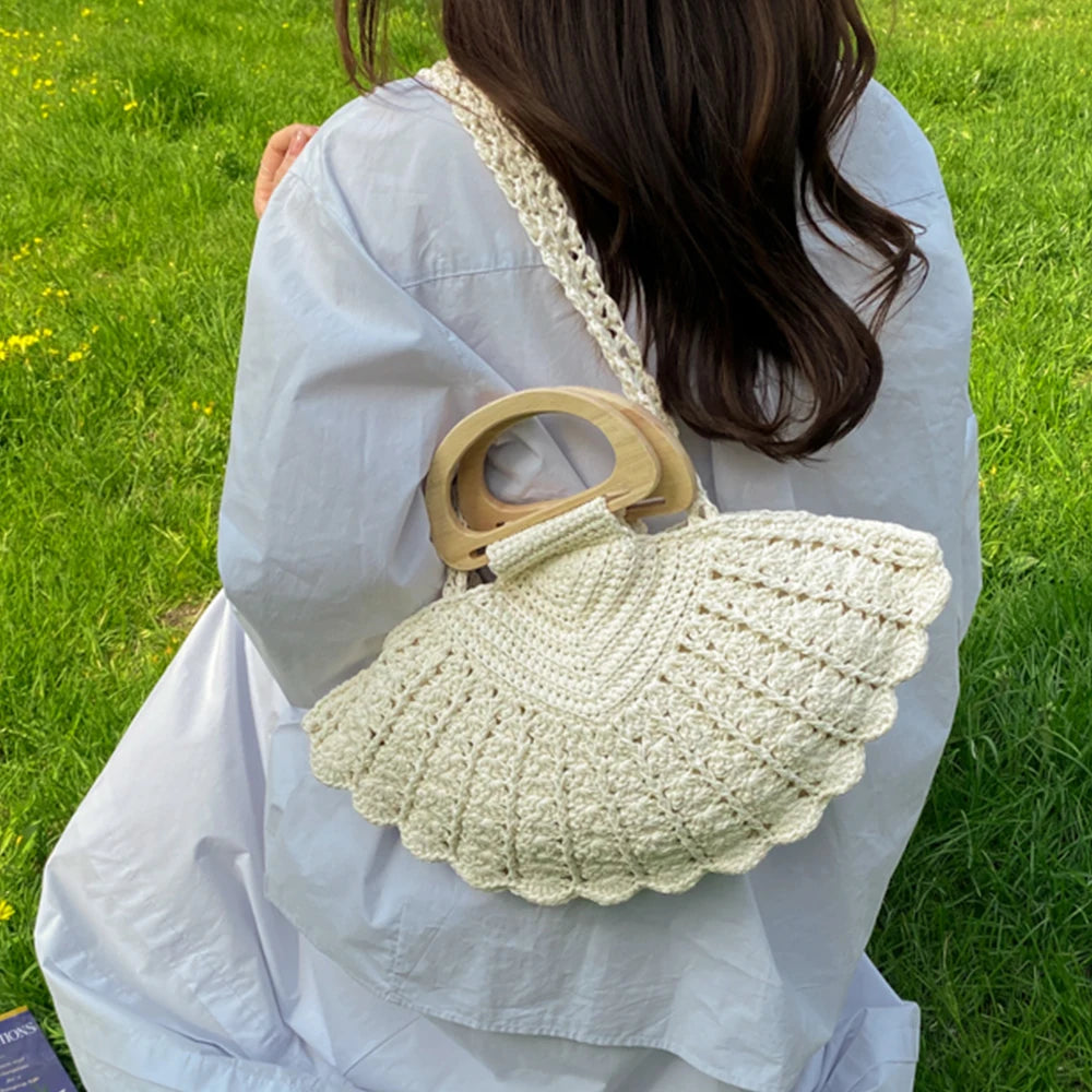 Handbag, Crochet Straw Tote Bag, Summer Beach Handbag with Wooden Handle, for Daily Use, Vacation, Casual Women