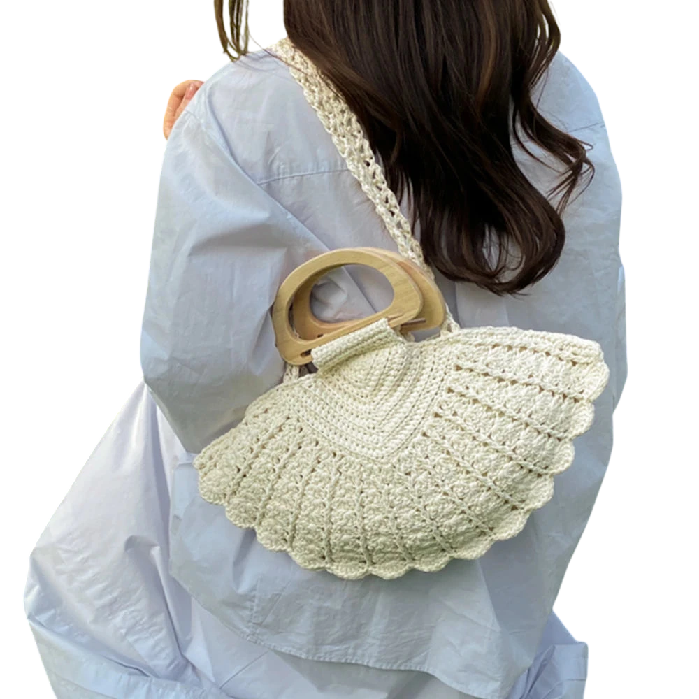 Handbag Crochet Straw Tote Bag Summer Beach Handbag With Wooden Handle For Daily Use Vacation Casual Women