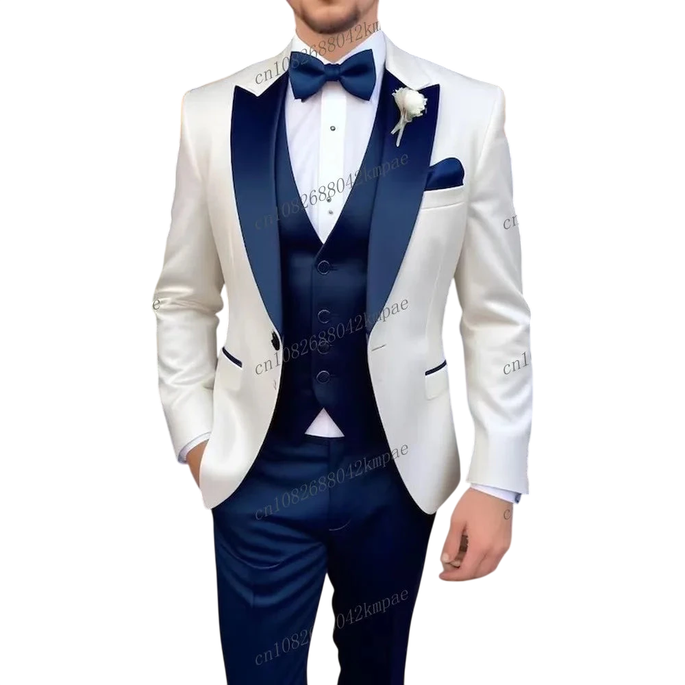 White And Blue Business Men Suit Formal Occasion Groom Groomsman Wedding Party Prom Male Tuxedo 3 Piece Set Blazer Vest Pants