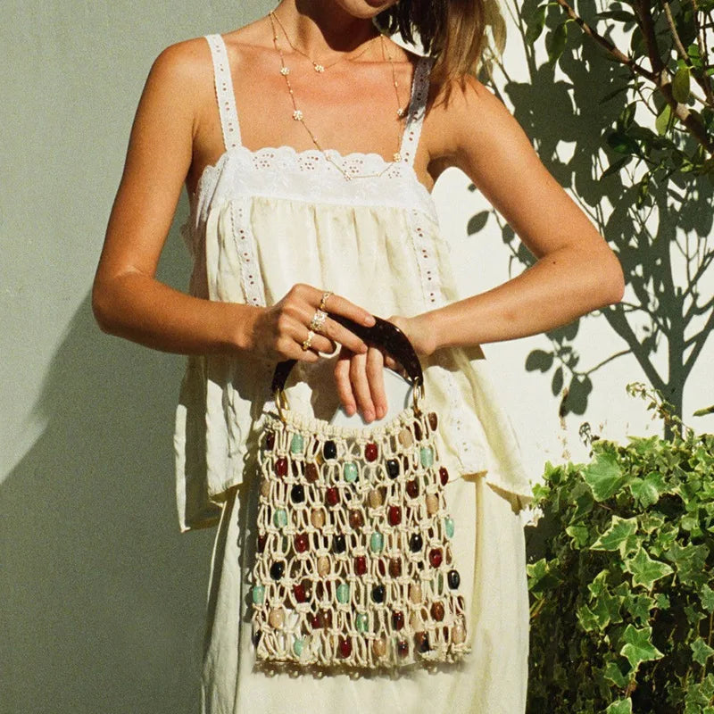 Retro Hand-woven Hollow Beaded Handbag For Women High-end Luxury Elegant Handbag European American Fashion Lady Beach Bags