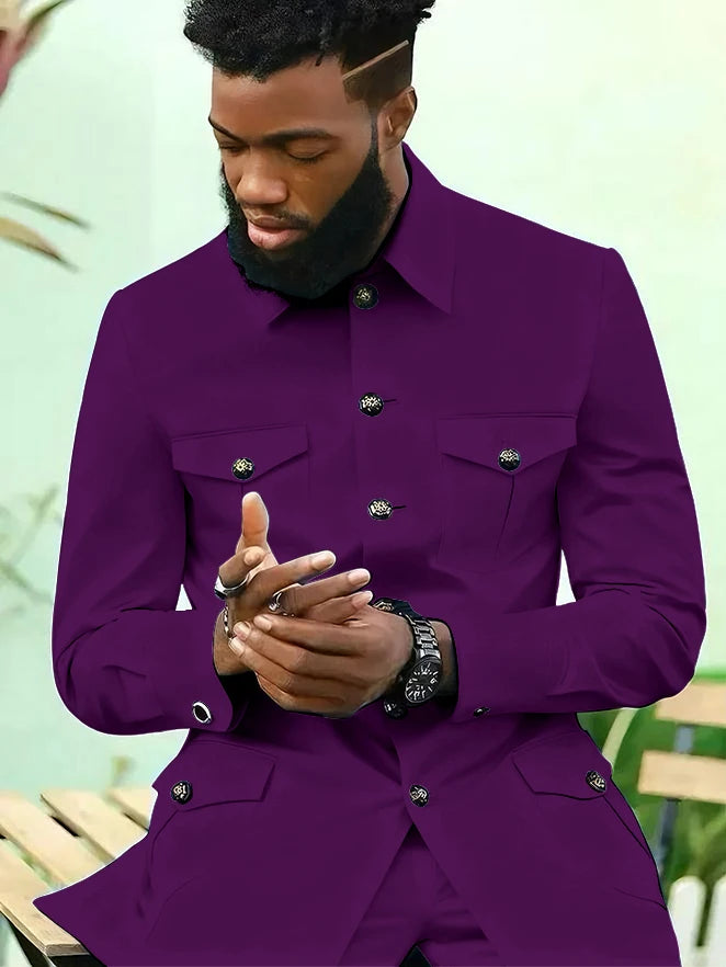 Suits for Men 2 Piece Fashion Stand Collar Single Breasted Suit Solid Color Wedding Tuxedo Business Casual Suit (Jacket+Pants)