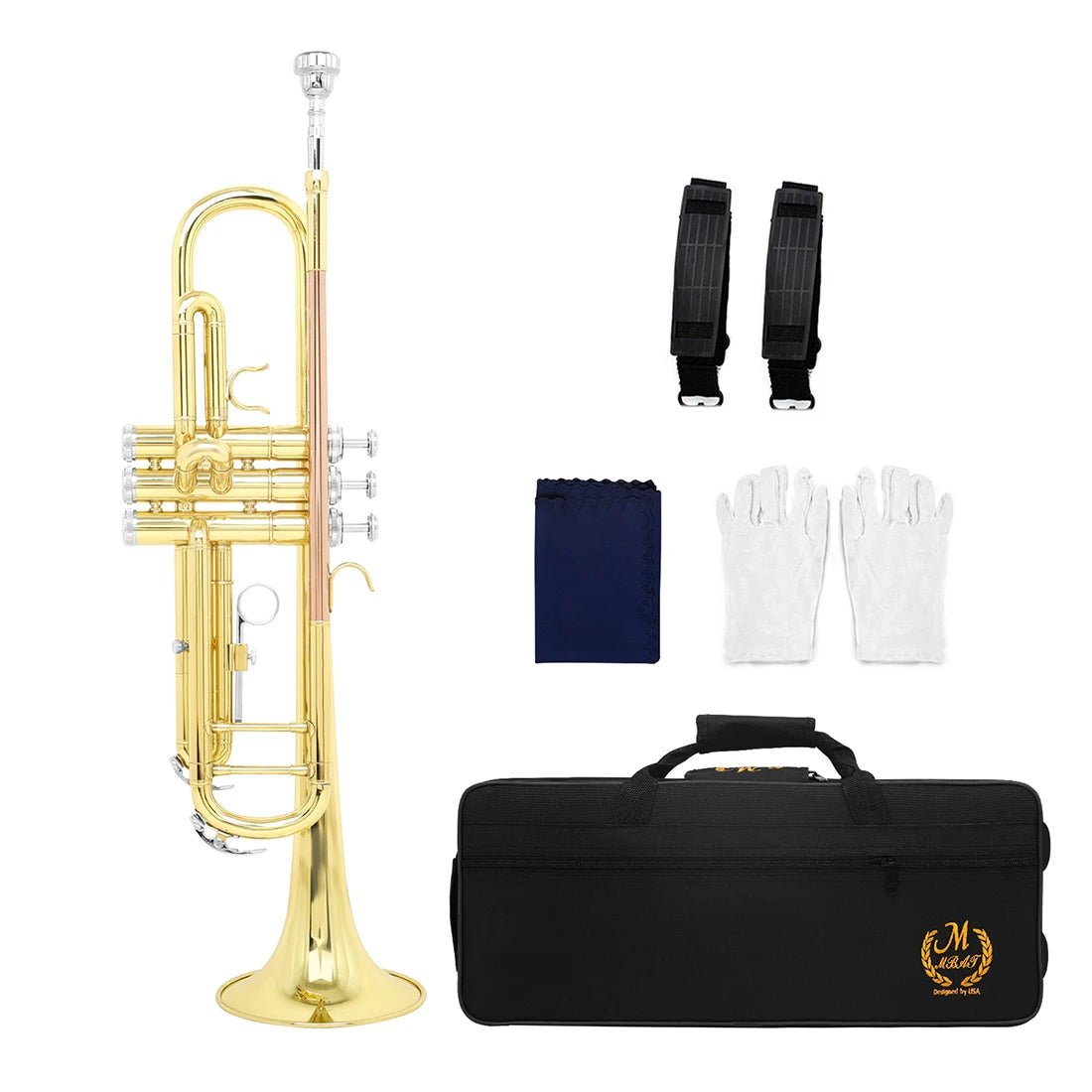 M MBAT Bb/B Flat Trumpet Brass Gold Exquisite Durable Musical Instrument with Mouthpiece Bracket Weak Speaker Gloves Strap Case