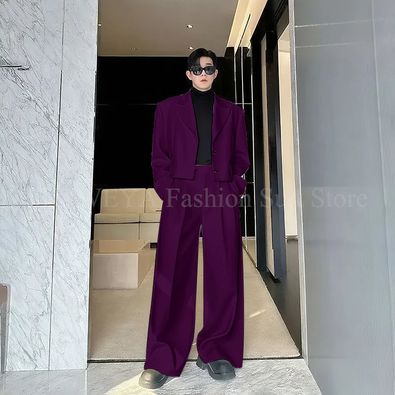 Casual Men's Suit 2 Piecs Short Jacket Pants Peak Lapel Loose Style Work Commute Social Party Fale Suits