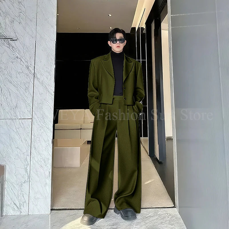 Casual Men's Suit 2 Piecs Short Jacket Pants Peak Lapel Loose Style Work Commute Social Party Fale Suits