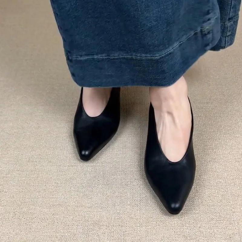 New Black High Heel Dress Shoes for Woman Spring Pointed End Shallow Vintage Office Work Shoes Pumps Zapatos