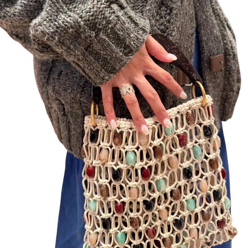Retro Hand Woven Hollow Beaded Handbag For Women High End Luxury Elegant Handbag European American Fashion Lady Beach Bags