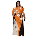 Runwind Plus Size Dresses for Women Floral Maxi Dress Flowy 3/4 Sleeve with Belt Orange Black
