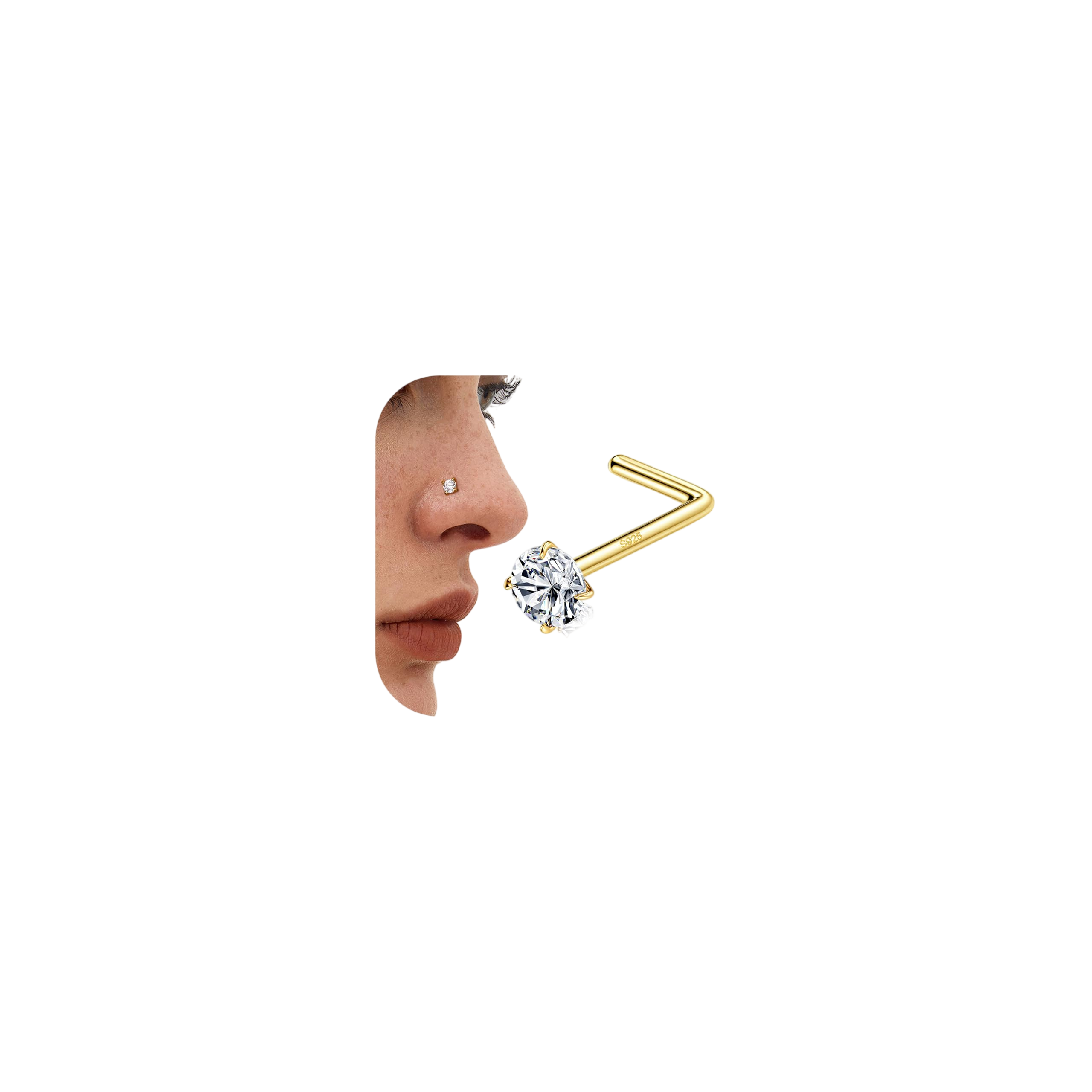 MILACOLATO 14K Gold Filled Nose Rings 20G Sterling Silver Nose Rings Studs Bone L Shaped Nose Rings Hypoallergenic Nostril Nose Piercing Jewelry for Women Men 2mm 5A Simulated Diamond CZ