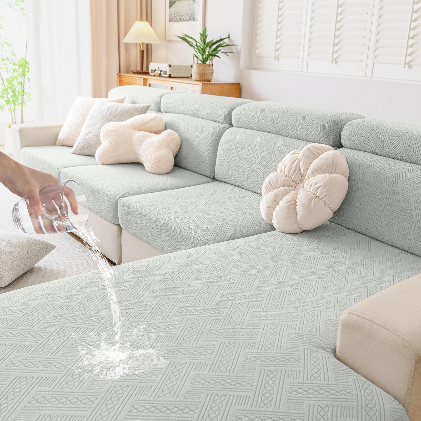 hyha Waterproof Couch Cushion Covers Waterproof Sectional Sofa Couch Covers for 3 Cushion Couch Sofa for Pets Stretch Sofa Covers Washable with Elastic Bottom(Large Light Grey)