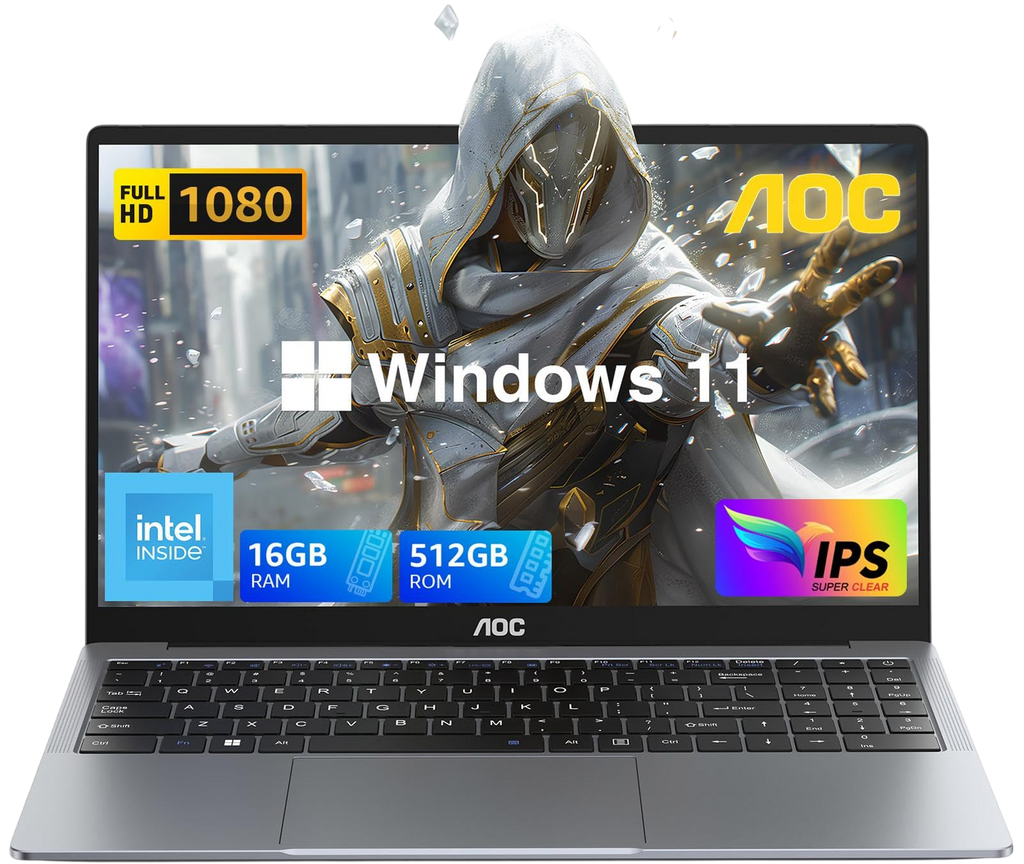 AOC Laptop Computer with N97 Processor(Up to 3.6GHz) 16GB RAM 512GB SSD Laptop 15.6 Inch FHD Screen Gaming Laptops Windows 11 Laptop Computer Light&Thin Metal Shell Webcam Type-C USB3.2 Grey