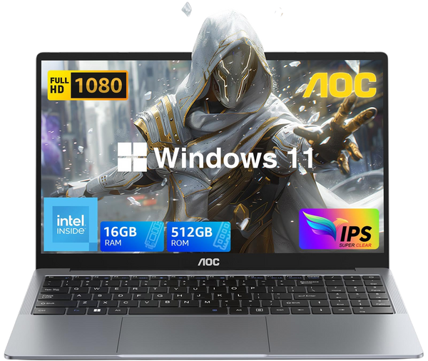 AOC Laptop Computer with N97 Processor(Up to 3.6GHz) 16GB RAM 512GB SSD Laptop 15.6 Inch FHD Screen Gaming Laptops Windows 11 Laptop Computer Light&Thin Metal Shell Webcam Type-C USB3.2 Grey