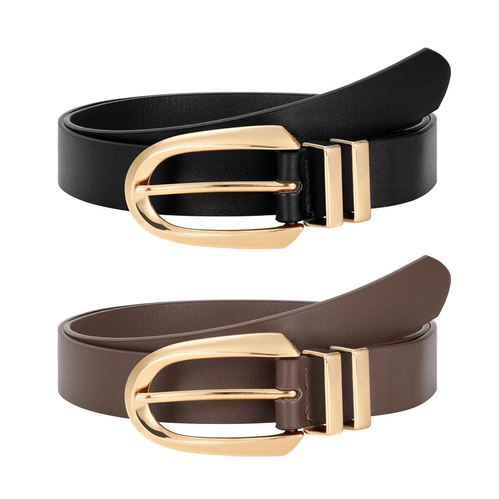 JASGOOD Women Leather Belt Fashion Waist Belt for Pants Jean Ladies Faux Leather Dress belt with Gold Buckle 2 PackBlack+Coffee