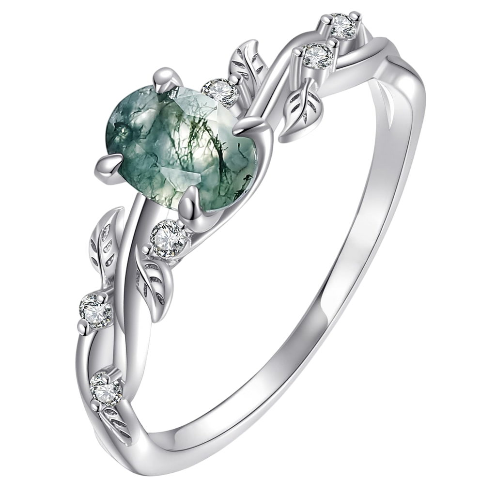 IRROYA Moss Agate Wedding Rings 1.5CT Oval Cut 6x8mm Unique Leaf Shaped Womens Engagement Rings Platinum Plated 925 Sterling Silver Womens Promise rings Gifts for her(4)