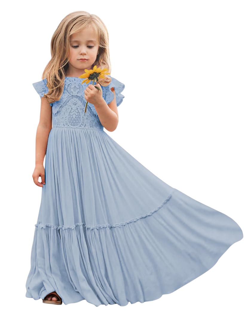 Girwem Boho Toddler Flower Girls Dresses For Wedding Lace Embroidery Bridesmaid Dresses Long Chiffon Party Dresses 2 Dusty Blue