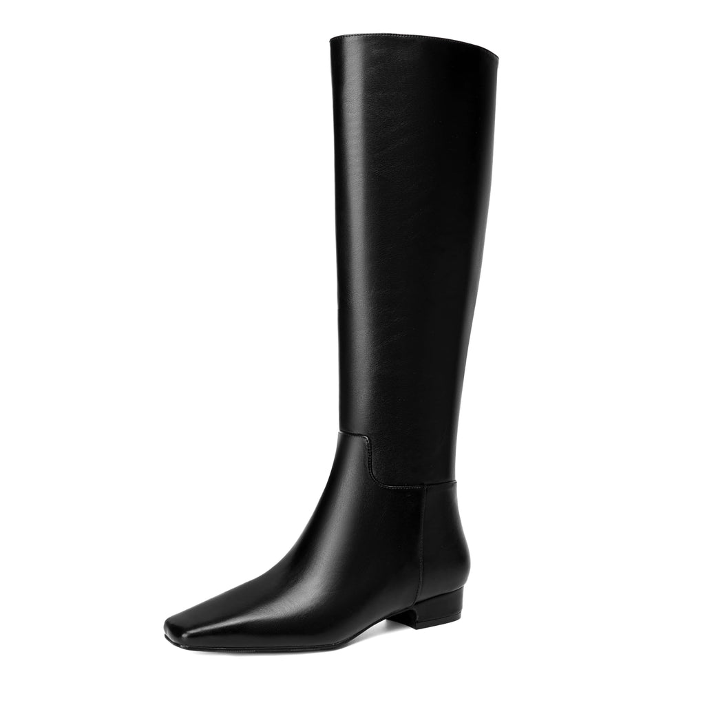 Beauty Cry Black Square Toe Flat Knee High Boots for Women Chunky Low Heel Leather Riding Boots With Side Zipper