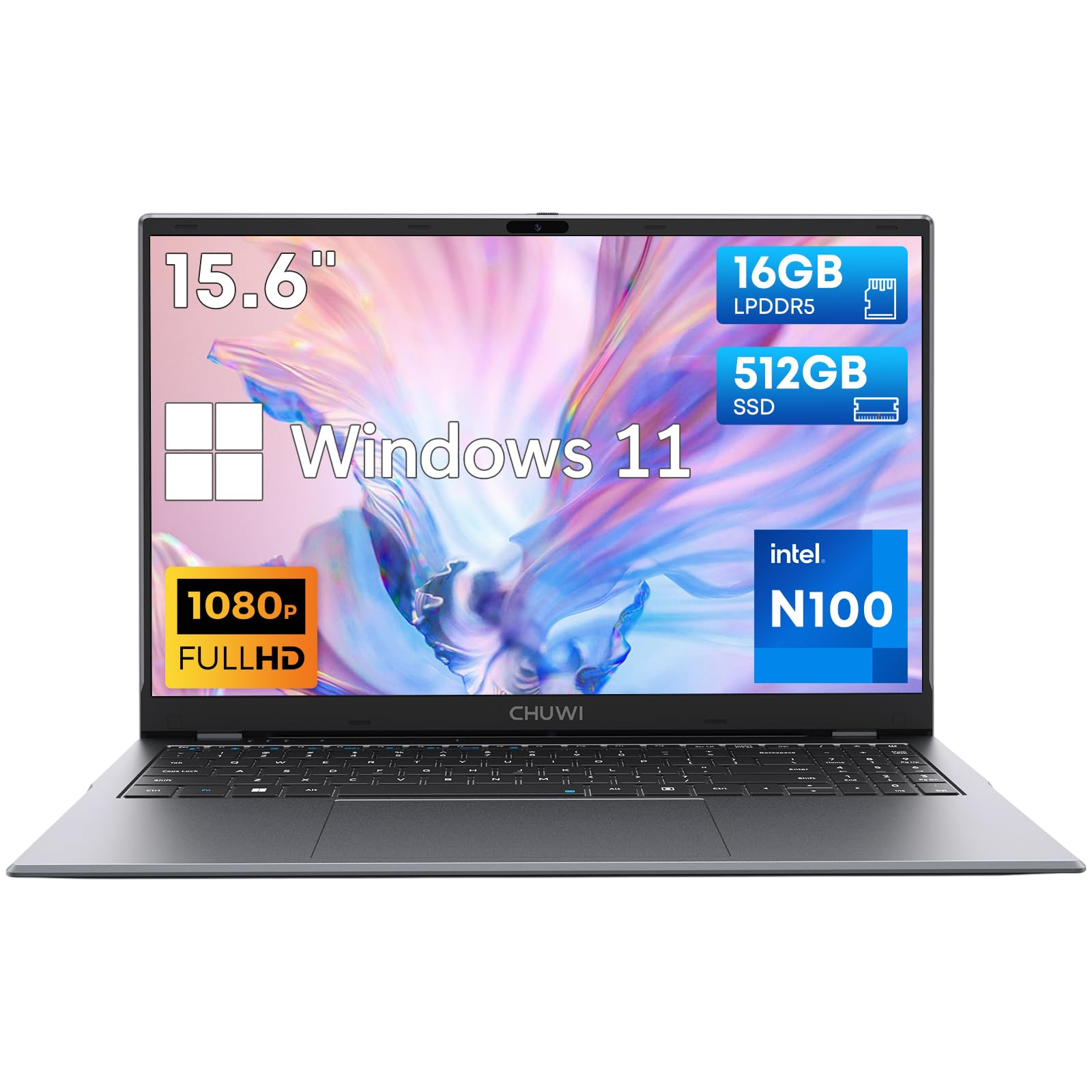 CHUWI GemiBook Plus Laptop 15.6 512GB SSD 16GB LPDDR5 12th Gen Intel N100(Up to 3.4GHz) Windows 11 Laptops Computer 1TB SSD Expend IPS FHD 1920 * 1080 HDMI WiFi 6 BT5.2 USB 3.0 Webcam