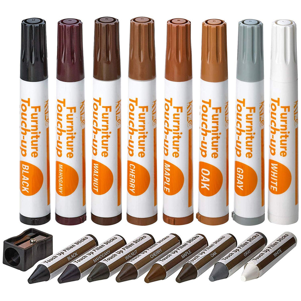 Katzco Furniture Repair Kit Wood Markers - 17 Pcs Set with Sharpener - Furniture Touch Up Markers for Floors Bedposts and Molding - Furniture Scratch Repair Markers - Wood Paint for Furniture
