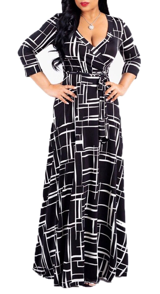 Womens Sexy V Neck 3/4 Sleeve Floral Plaid Print Slim Church Swing Maxi Dress with Belt