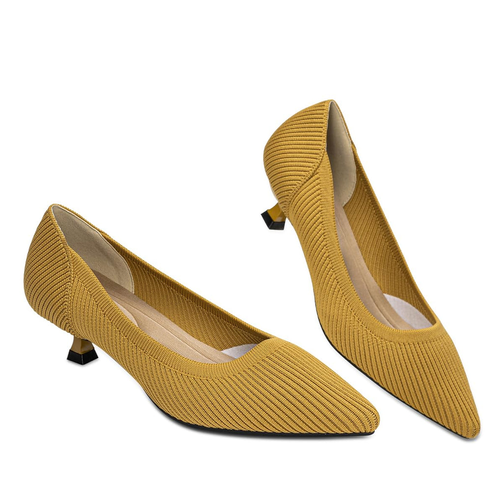 AHZEHRSE Comfortable Heels for Women Slip On Pointed Toe Kitten Low Heel Pumps Shoes Prom Office Work Formal Pumps Heels Yellow
