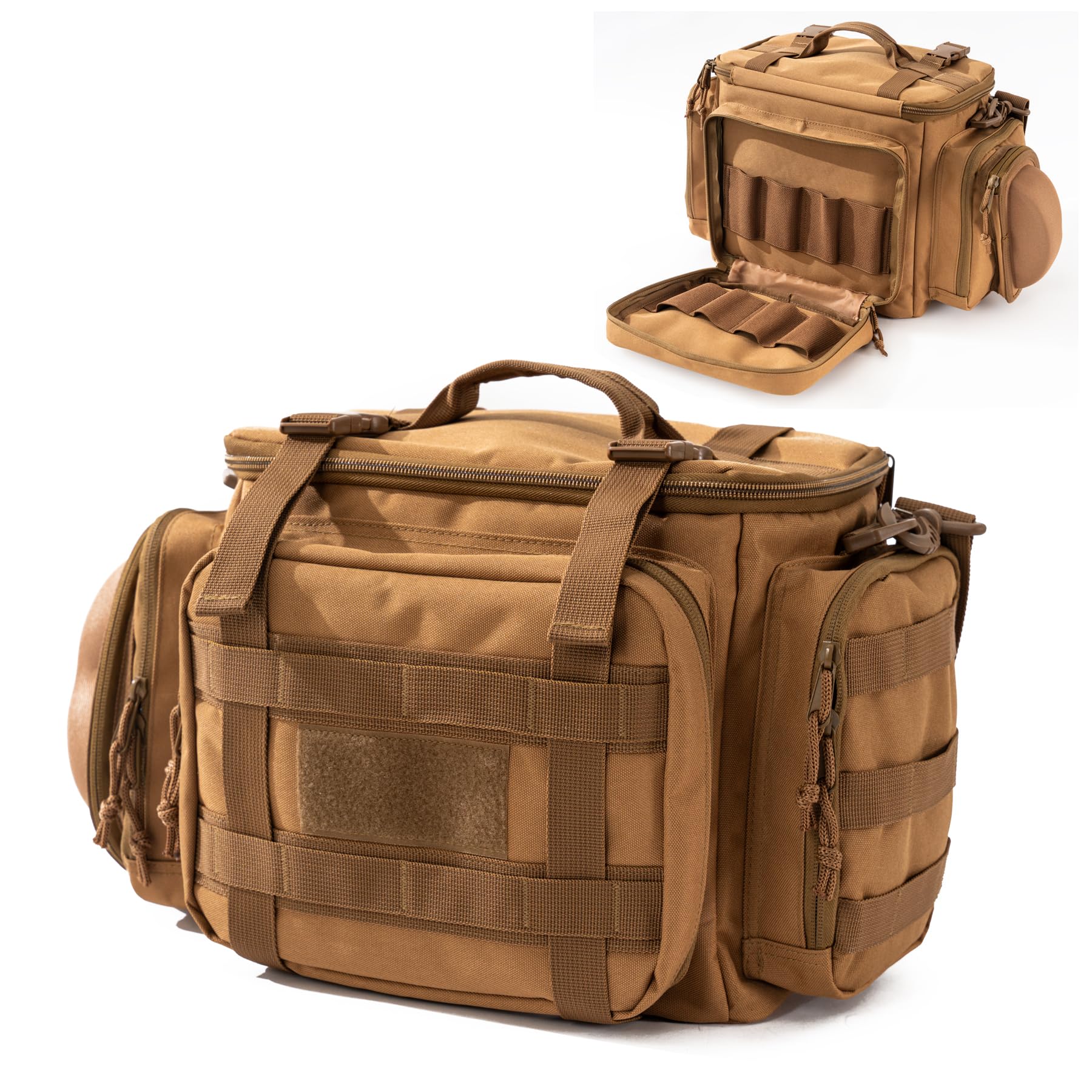 ADUSASA Pistol Bag Tactical Gun Range Bag Deluxe Pistol Shooting Range Duffle Bags with 16 Magazine slots for 4 Pistols (Khaki)