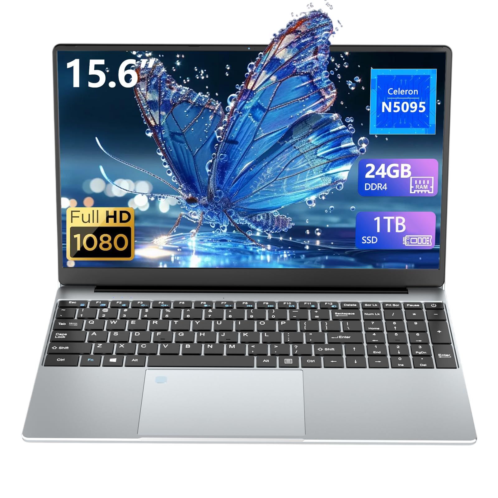 DUNHOO Gaming Laptop 15.6 Inch Lap top Laptops 24GB 1TB SSD N5095 Traditional Computers Notebook Computer 180 Angle Opening Fingerprint Unlock Backlit Keyboard1920X1080 FHD IPS Netbook Mini-HDMI
