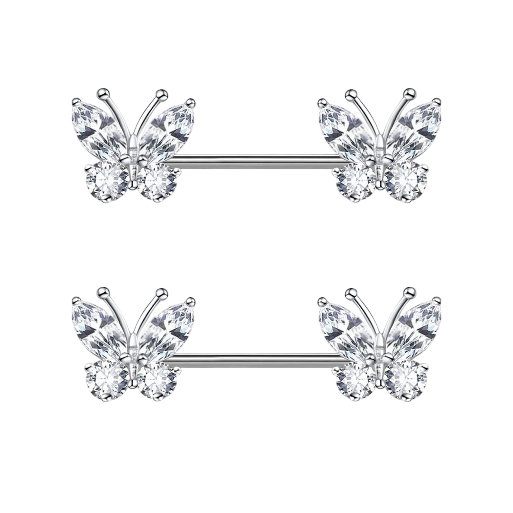 VERAMI 14G Stainless Steel CZ Butterfly Nipple Rings 316L Nipple Barbell Rings Body Piercing for Women Men
