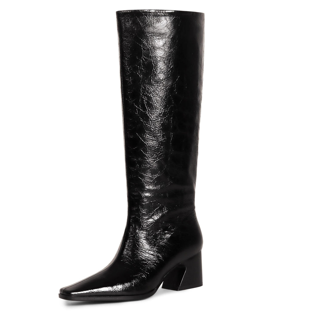 COMJUY 2" Black Textured Knee High Boots Women Low Heel Kitten Heel Knee High Boots for Women Pull on with Block Heel Square Toe Flat Tall Boots Riding Boots Women Gogo Boots Faux Leather Size 6