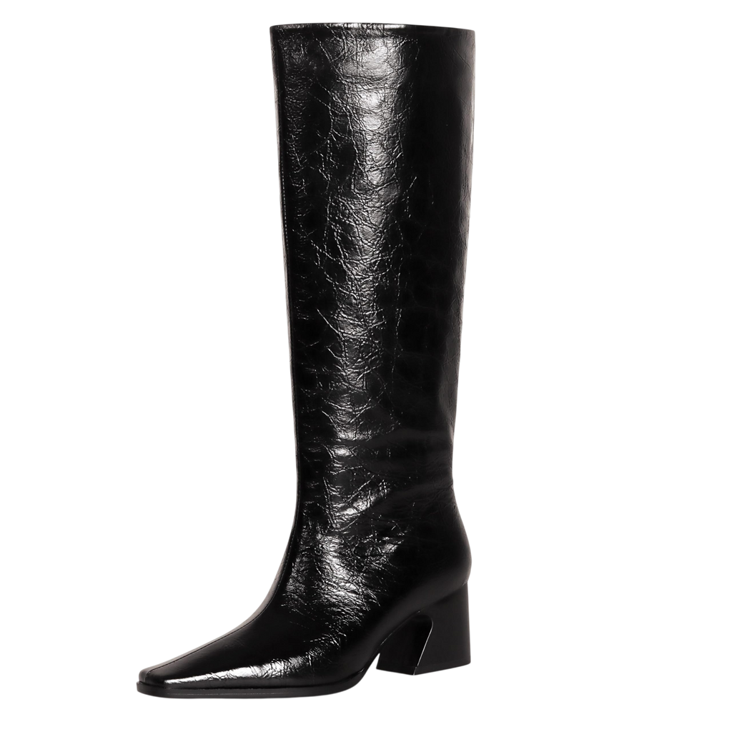 Comjuy 2 Black Textured Knee High Boots Women Low Heel Kitten Heel Knee High Boots For Women Pull On With Block Heel Square Toe Flat Tall Boots Riding Boots Women Gogo Boots Faux Leather Size 6
