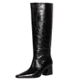 Comjuy 2 Black Textured Knee High Boots Women Low Heel Kitten Heel Knee High Boots For Women Pull On With Block Heel Square Toe Flat Tall Boots Riding Boots Women Gogo Boots Faux Leather Size 6