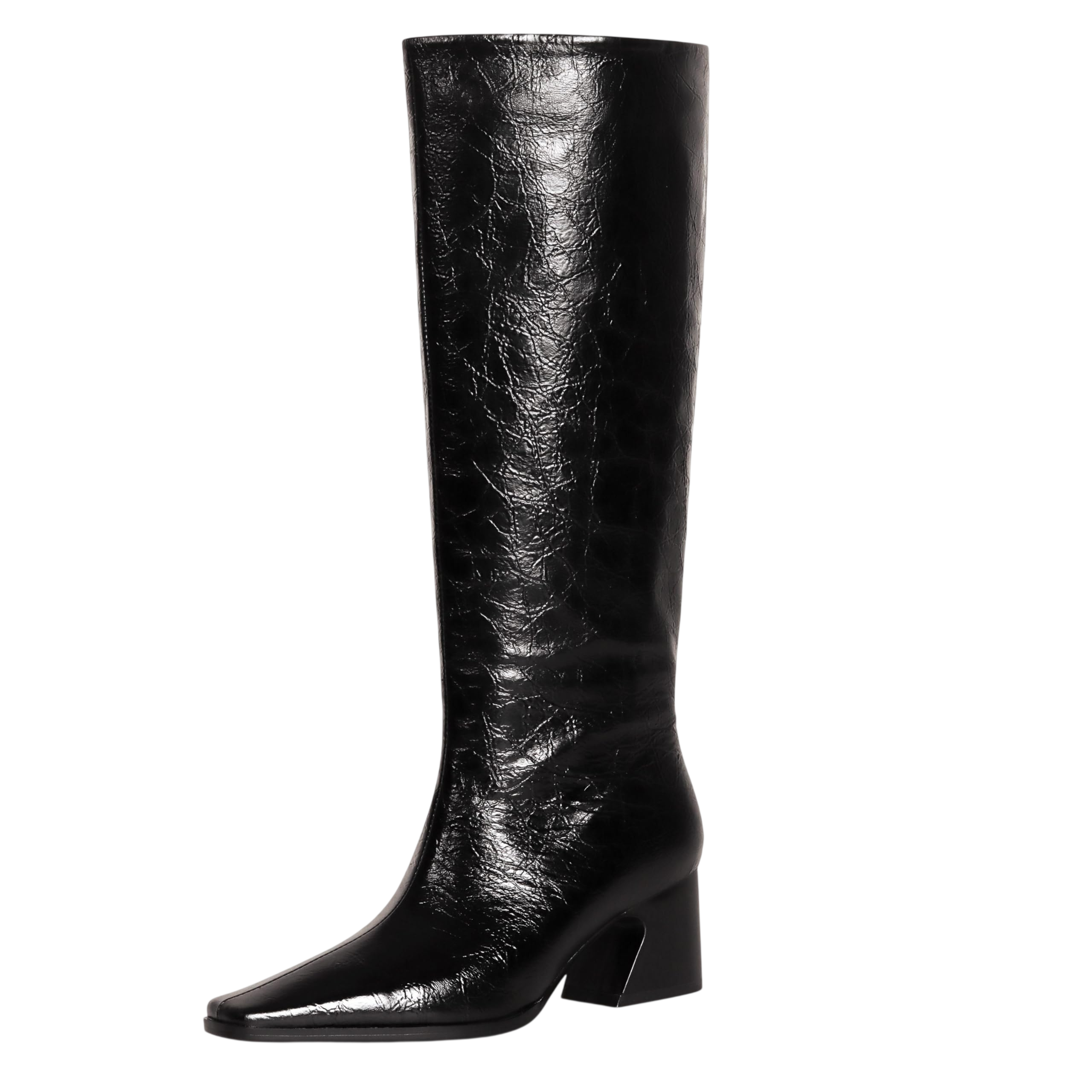 Comjuy 2 Black Textured Knee High Boots Women Low Heel Kitten Heel Knee High Boots For Women Pull On With Block Heel Square Toe Flat Tall Boots Riding Boots Women Gogo Boots Faux Leather Size 6