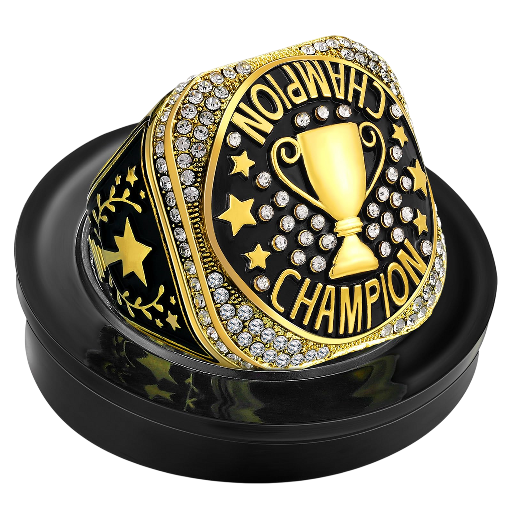 Highergo Championship Rings with Display Stand and Neck Chain Size 11 Football Soccer Basketball Volleyball Champion Rings Trophy Rings Sport Award Gift for Winner Tournament Award Gift(Champion)