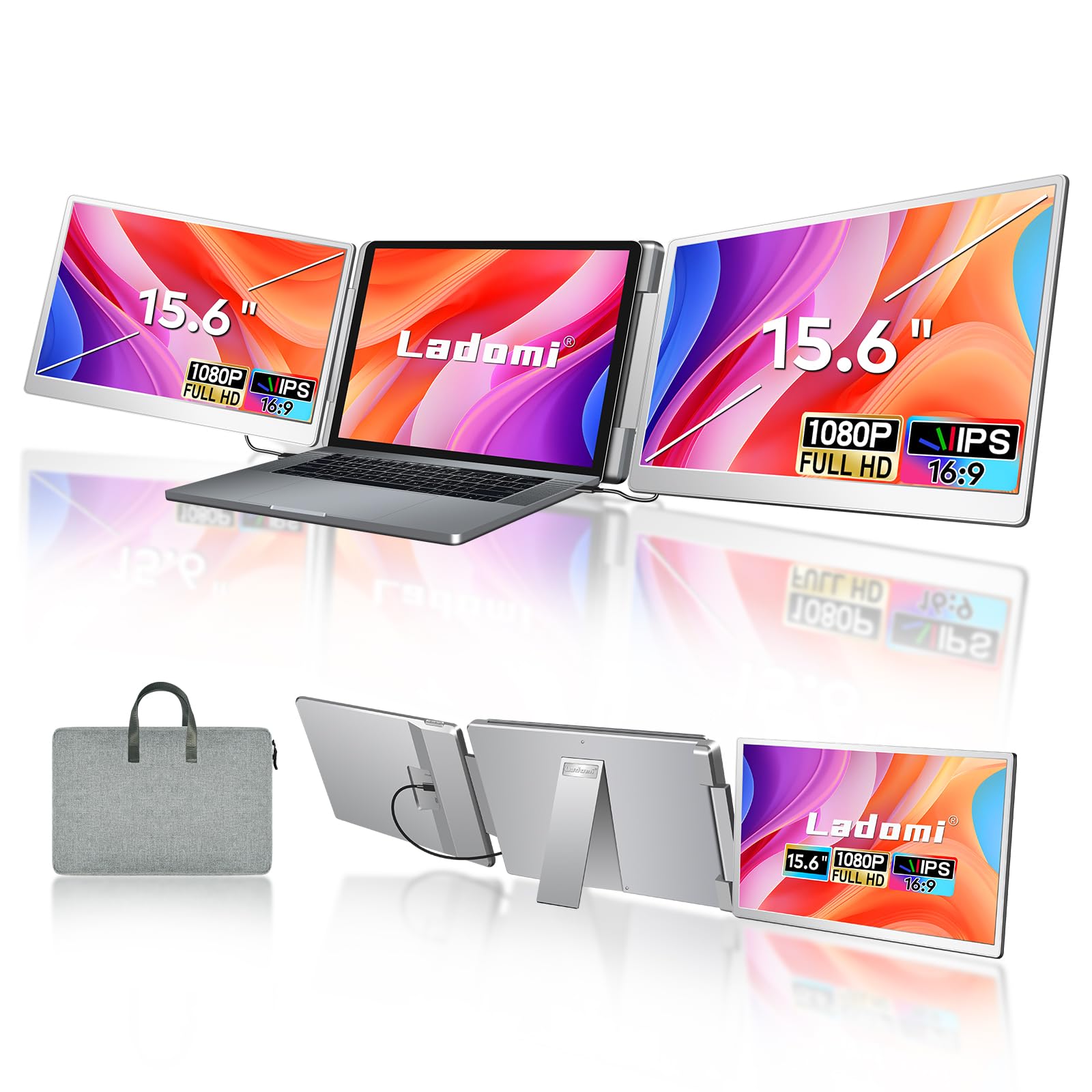 Laptop Screen Extender 15.6" FHD 1080P IPS Triple Monitor Extended for 12"-18.5" Laptop Plug & Play Portable Dual Monitor for Laptop HDMI/USB-C for Mac Wins Android Switch Surface