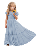 Girwem Boho Toddler Flower Girls Dresses For Wedding Lace Embroidery Bridesmaid Dresses Long Chiffon Party Dresses 2 Dusty Blue