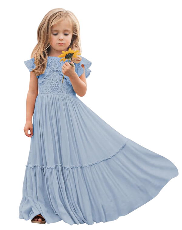 Girwem Boho Toddler Flower Girls Dresses for Wedding Lace Embroidery Bridesmaid Dresses Long Chiffon Party Dresses 2 Dusty Blue