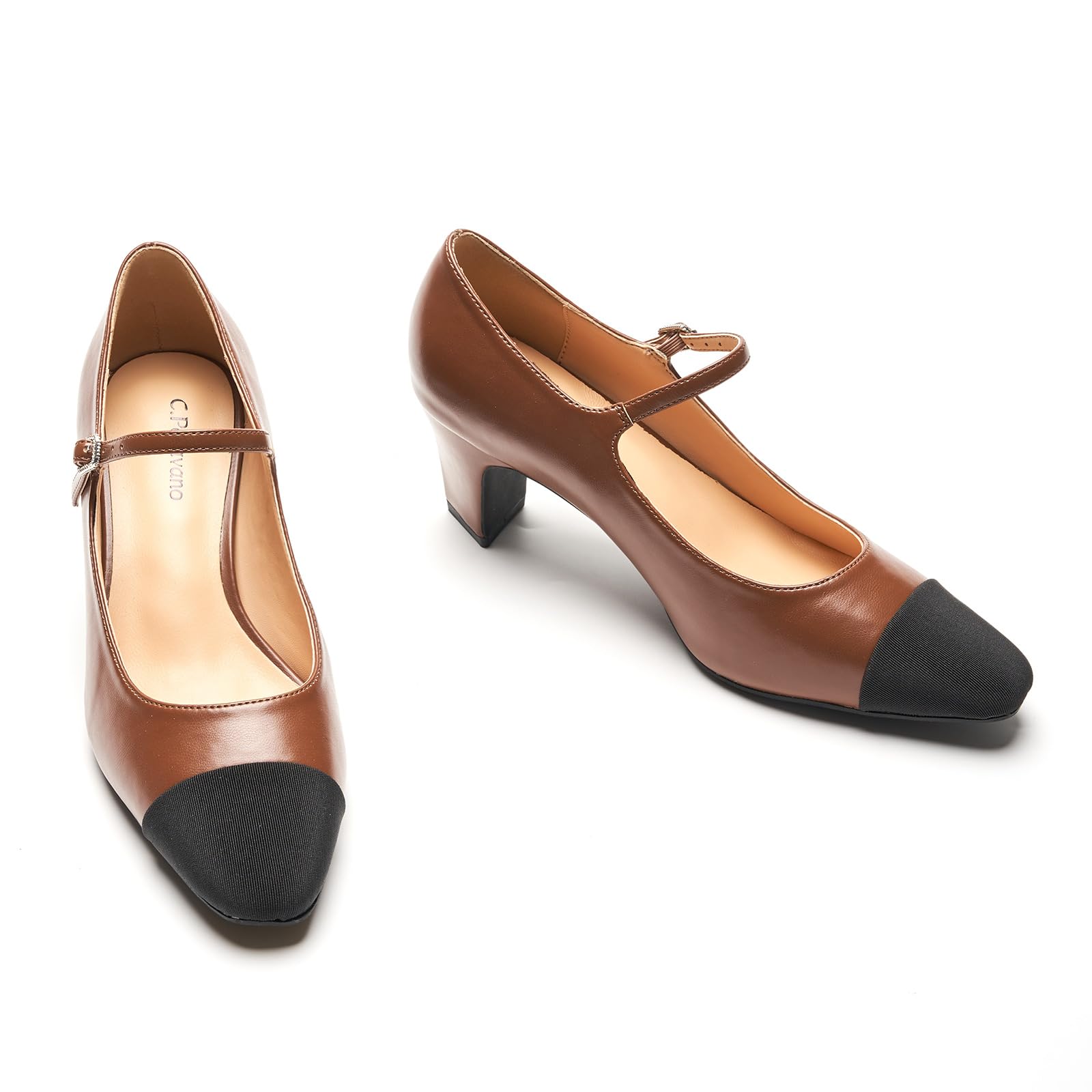 C.Paravano Mary Jane Pumps Womens Pumps Splicing Almond Toe Block Heels Adjustable Strap Pump Shoes (Brown8.5)