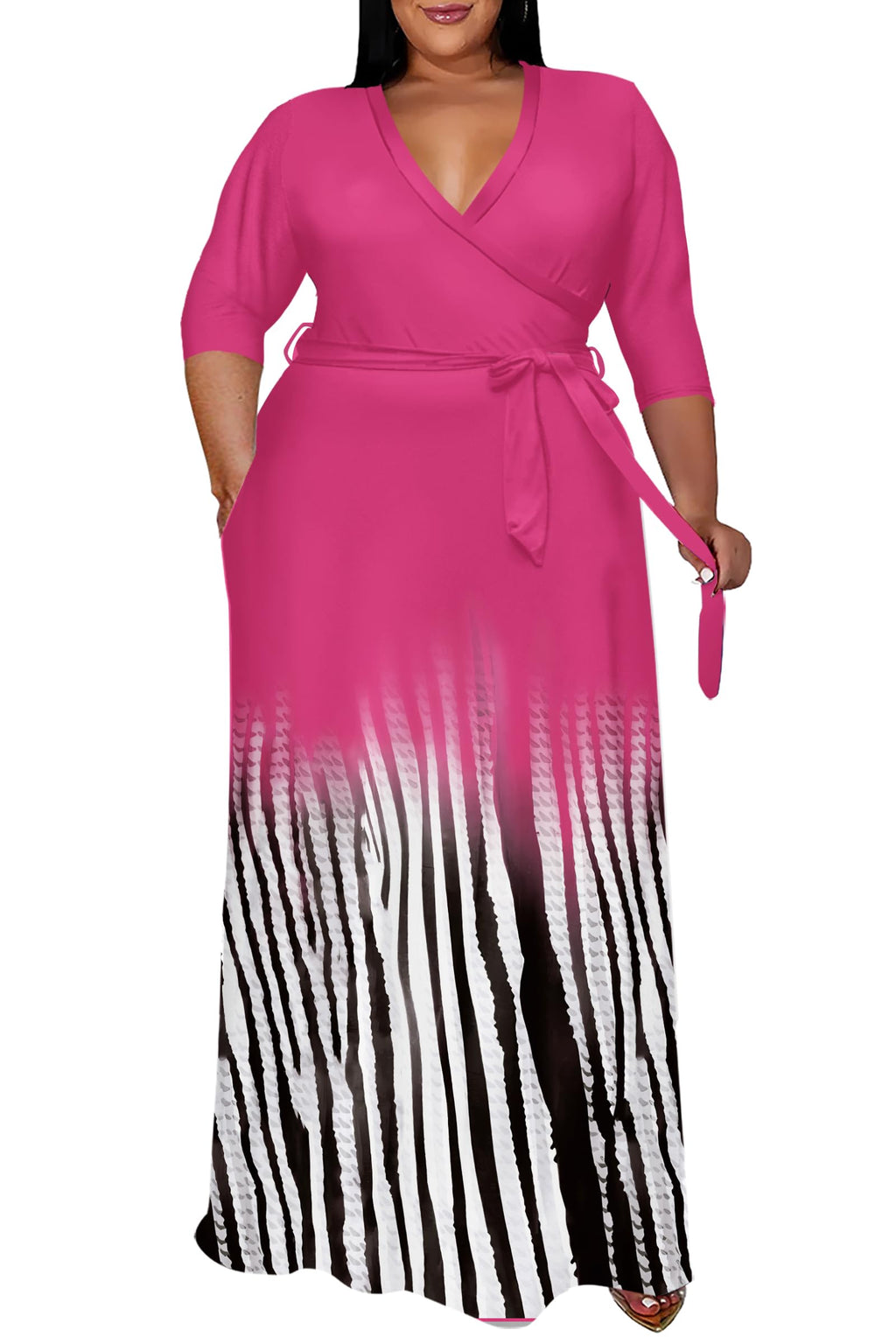 Runwind Plus Size Dresses for Women Gradient Maxi Dress Flowy 3/4 Sleeve with Belt Rose Black Stripe 2X