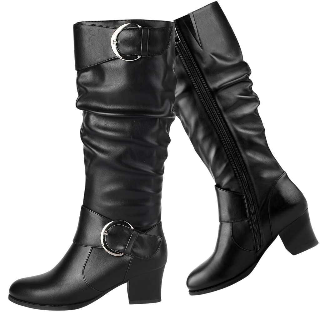 Pixoecuty Wide Calf Riding Boots Women Knee High Slouch Round Toe Buckle Victorian Tall Boots Chunky Block Mid Heel Knee High Boots Side Zipper Black Us 9 5