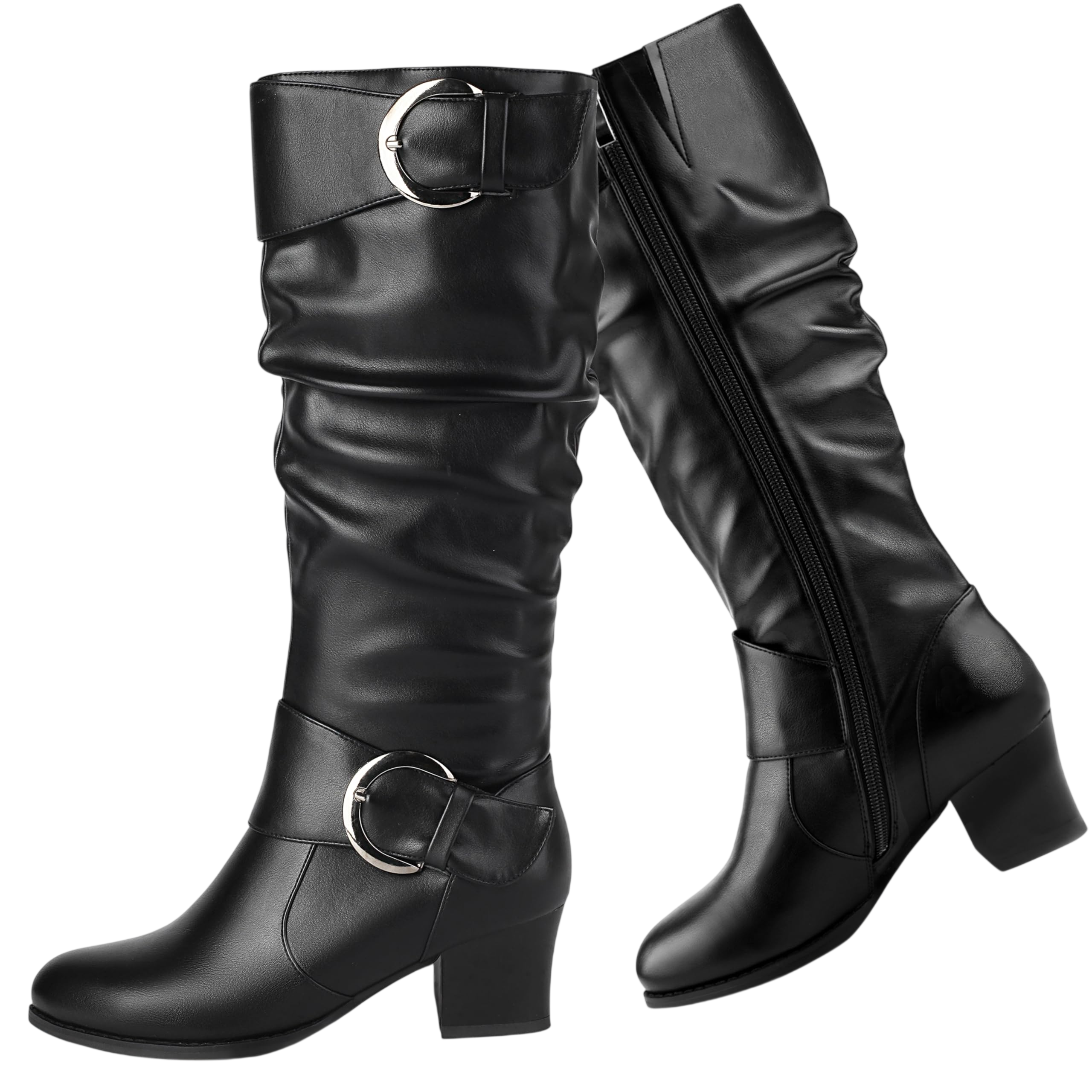 Pixoecuty Wide Calf Riding Boots Women Knee High Slouch Round Toe Buckle Victorian Tall Boots Chunky Block Mid Heel Knee High Boots Side Zipper Black Us 9 5