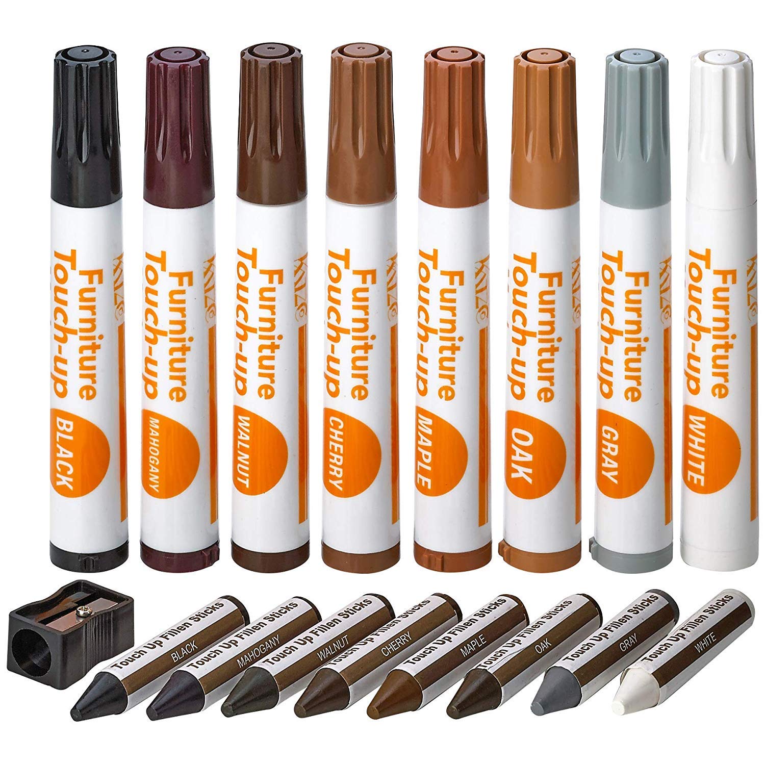 Katzco Furniture Repair Kit Wood Markers - 17 Pcs Set with Sharpener - Furniture Touch Up Markers for Floors Bedposts and Molding - Furniture Scratch Repair Markers - Wood Paint for Furniture