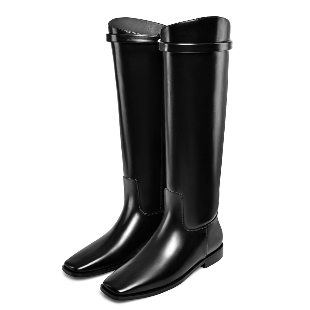 Vaslemuse Women Knee High Flat Boots Square Toe Long Leather Boots Block Low Heel Knee Fall Riding Boots with Back Zips - Black Size 7.5