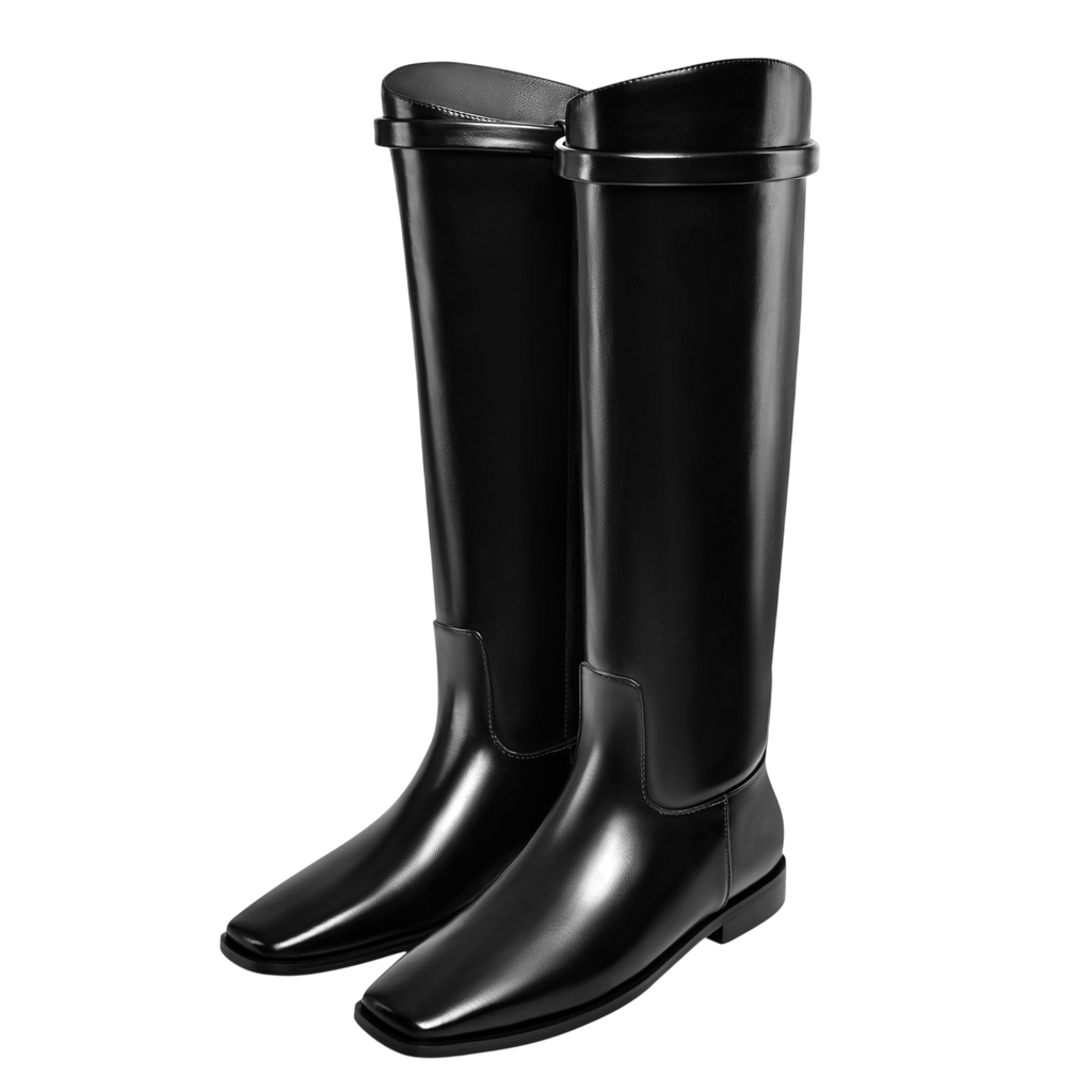 Vaslemuse Women Knee High Flat Boots Square Toe Long Leather Boots Block Low Heel Knee Fall Riding Boots With Back Zips Black Size 7 5